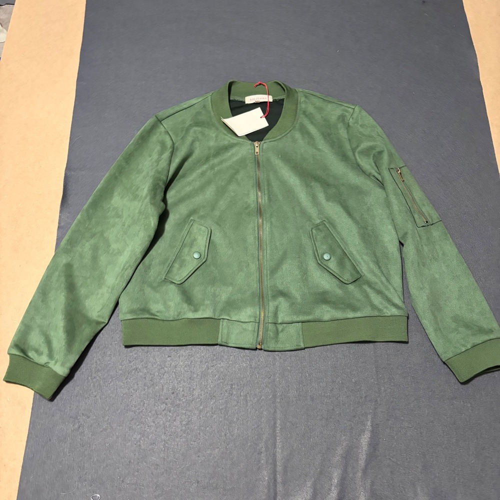 NWT Bomber Jacket Womens XL Green Faux Suede Full Zip Utility LIghtweight
